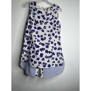 Cabi Hi Low Tunic Tank Blouse Size XS #5357 Blue Floral Stripes Slit